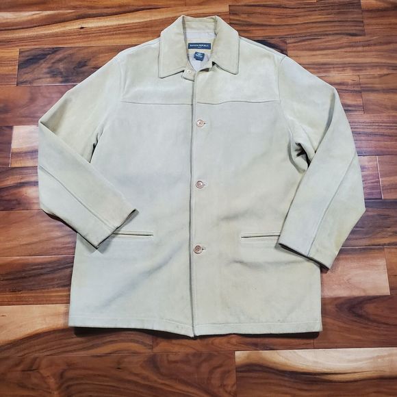 Vintage Banana Republic Heavy Duty Tan Suede Leather Button Jacket men’s Large - Picture 2 of 12